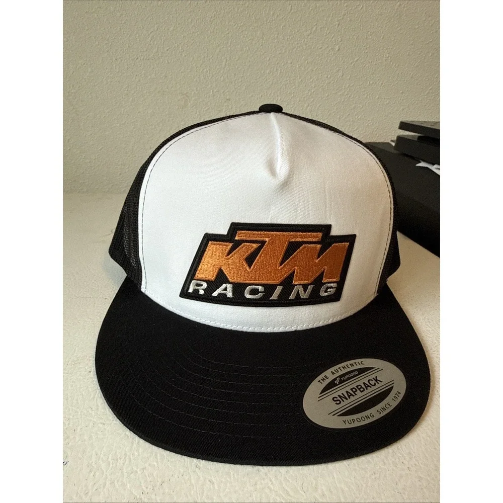 New KTM Racing Patch Heat Pressed On a Yupoong Classic Trucker Hat Flat Bill